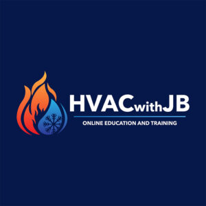 Logo for HVAC with JB Online Education and Training, featuring a flame and a water droplet with a snowflake inside, symbolizing heating and cooling, on a dark blue background—perfect for HVAC online training or NATE certification prep.