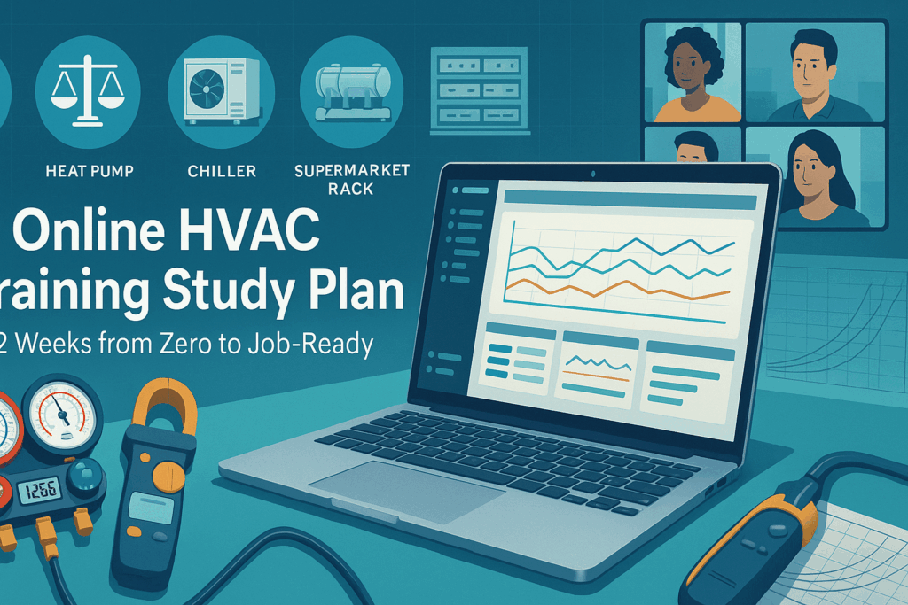 Illustration of an online HVAC training study plan, showing a laptop with charts, HVAC tools, virtual meeting participants, and icons for heat pump, chiller, and supermarket rack. Text reads 12 Weeks from Zero to Job-Ready.