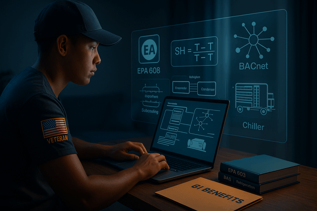 A U.S. military veteran in uniform works on a laptop at a desk with a “GI BENEFITS” folder, surrounded by digital technical diagrams and certifications related to HVAC systems and EPA 608 standards.