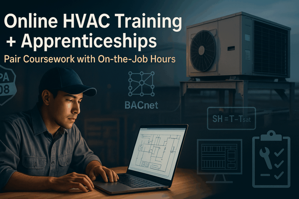 A man in a cap studies HVAC systems on a laptop, with HVAC diagrams and icons overlaid. Text reads, Online HVAC Training + Apprenticeships with HVACwithJB. An outdoor air conditioning unit is in the background.