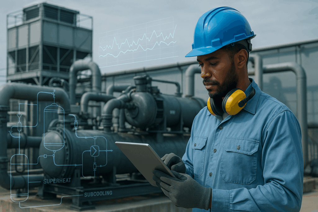 A male engineer wearing a blue hard hat and yellow earmuffs uses a tablet at an industrial facility, with digital graphics of technical diagrams and charts overlaid on the image.