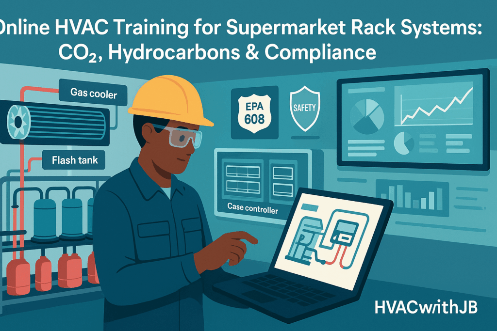 An HVAC technician in a hard hat uses a laptop, with diagrams of supermarket refrigeration systems and safety symbols in the background. Text reads: Online HVAC Training for Supermarket Rack Systems: CO₂, Hydrocarbons & Compliance.