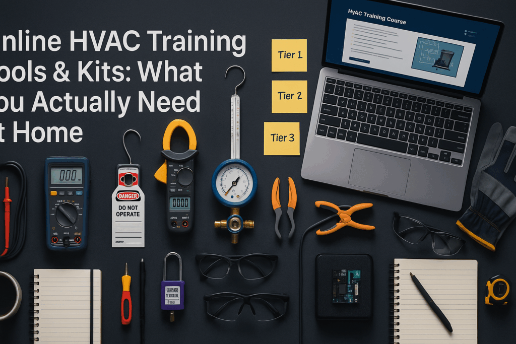 Top view of a workspace with HVAC tools, safety tags, a laptop showing an online training course, sticky notes labeled Tier 1-3, notepads, glasses, and pens. Text: “Online HVAC Training Tools & Kits: What You Actually Need At Home.”.