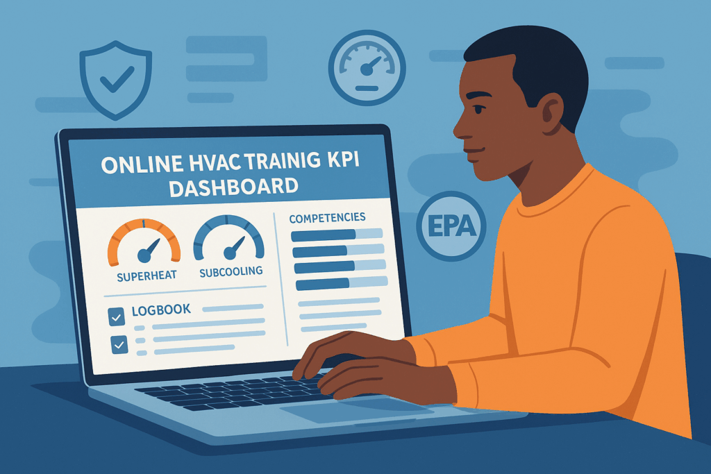 A person sits at a desk using a laptop displaying an Online HVAC Training KPI Dashboard with charts for superheat, subcooling, competencies, and a logbook. Various icons and graphics appear in the background.