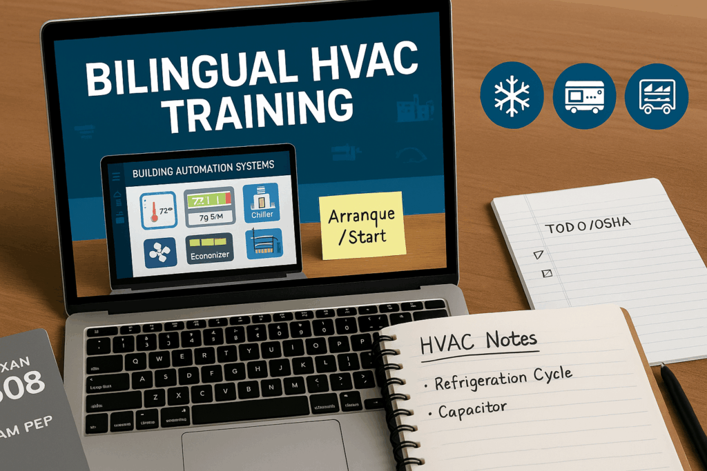 A laptop displays Bilingual HVAC Training with HVAC system graphics. Nearby are a notebook labeled HVAC Notes, a checklist, and icons for cold, snowflake, and HVAC truck services.