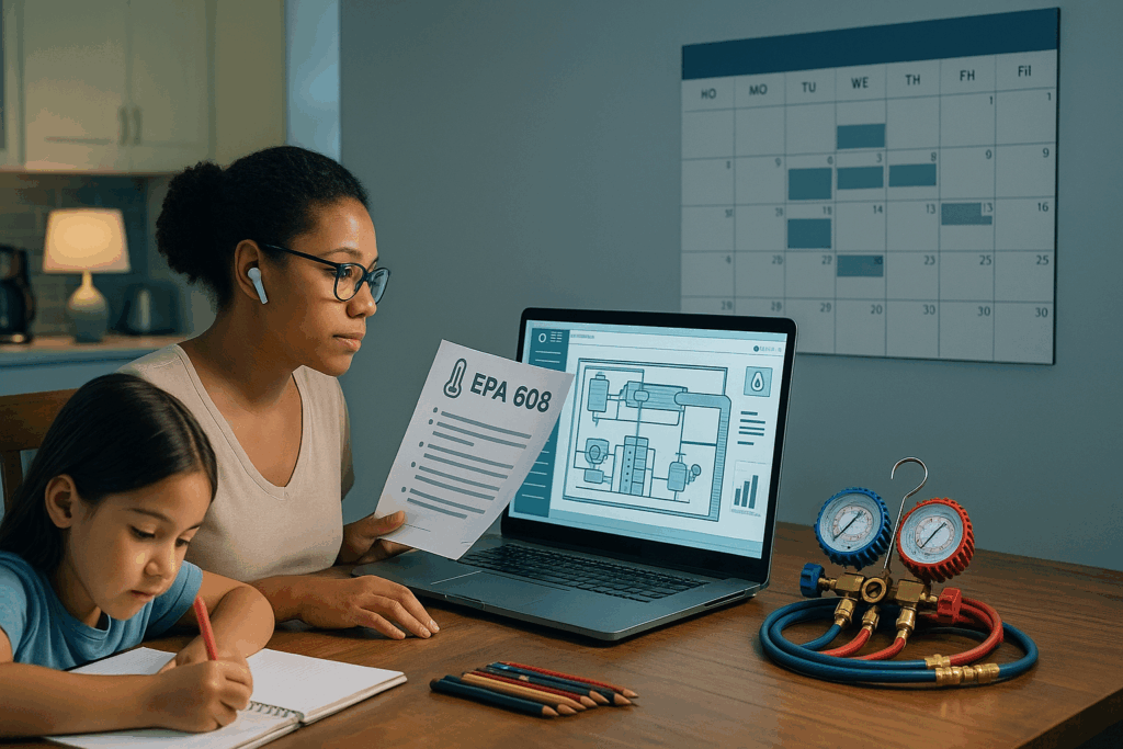 A woman holds an EPA 608 document and sits at a table with a laptop showing a technical diagram. A young girl writes in a notebook nearby. HVAC gauges are on the table, and a calendar hangs on the wall behind them.