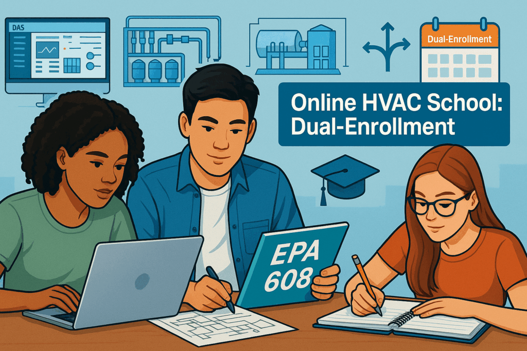 Three students work together on laptops and papers under a sign reading “Online HVAC School: Dual-Enrollment,” surrounded by HVAC diagrams, charts, and an EPA 608 book, representing an online dual-enrollment HVAC program.