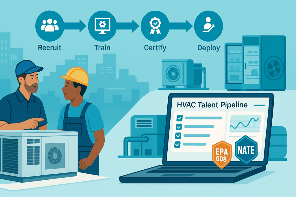 Illustration showing two workers discussing HVAC equipment, with icons above representing steps: Recruit, Train, Certify, Deploy. A laptop displays “HVAC Talent Pipeline” with checklists, charts, and certification badges.
