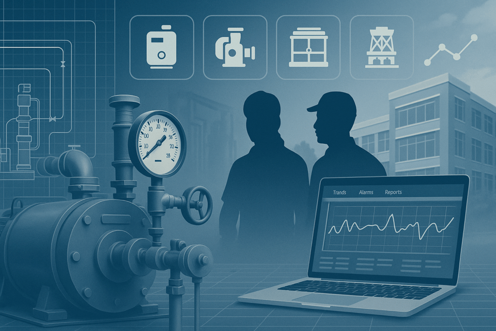 Two silhouetted workers stand near industrial equipment and a pressure gauge, with a laptop displaying a line graph. Technical icons and a building are in the background, suggesting a modern industrial or engineering setting.