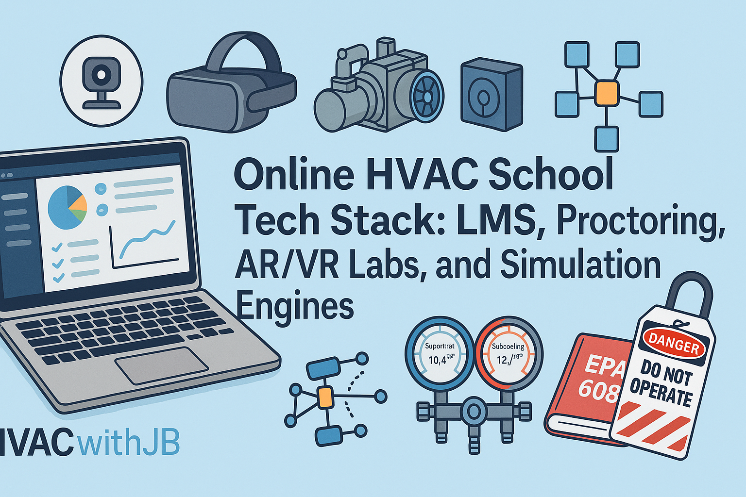 Illustration showing a laptop, webcam, VR headset, gauges, simulation icons, and a lock, with text: Online HVAC School Tech Stack: LMS, Proctoring, AR/VR Labs, and Simulation Engines.