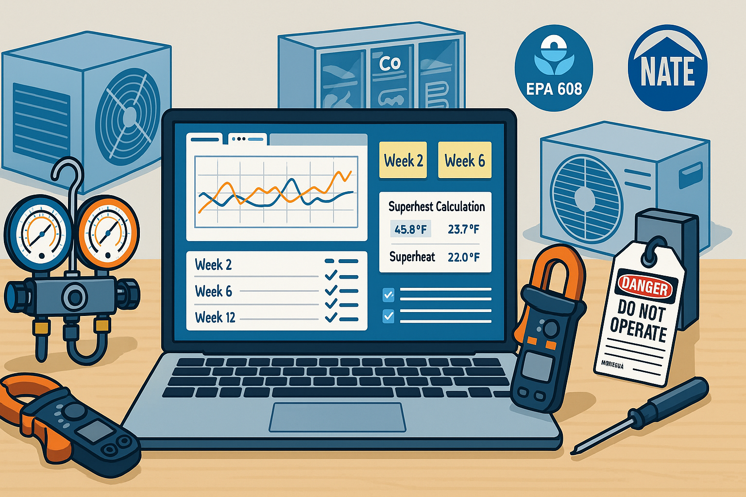 Illustration of HVAC tools and equipment around a laptop displaying superheat calculations and a graph. EPA 608 and NATE certification logos are shown, along with a Do Not Operate tag and various meters.