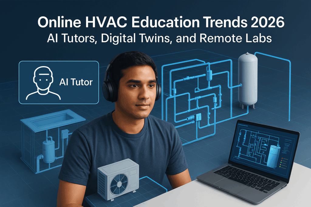 A young man wearing headphones studies HVAC systems on a laptop. Diagrams of HVAC equipment and an AI tutor icon are shown, with text: Online HVAC Education Trends 2026: AI Tutors, Digital Twins, and Remote Labs.