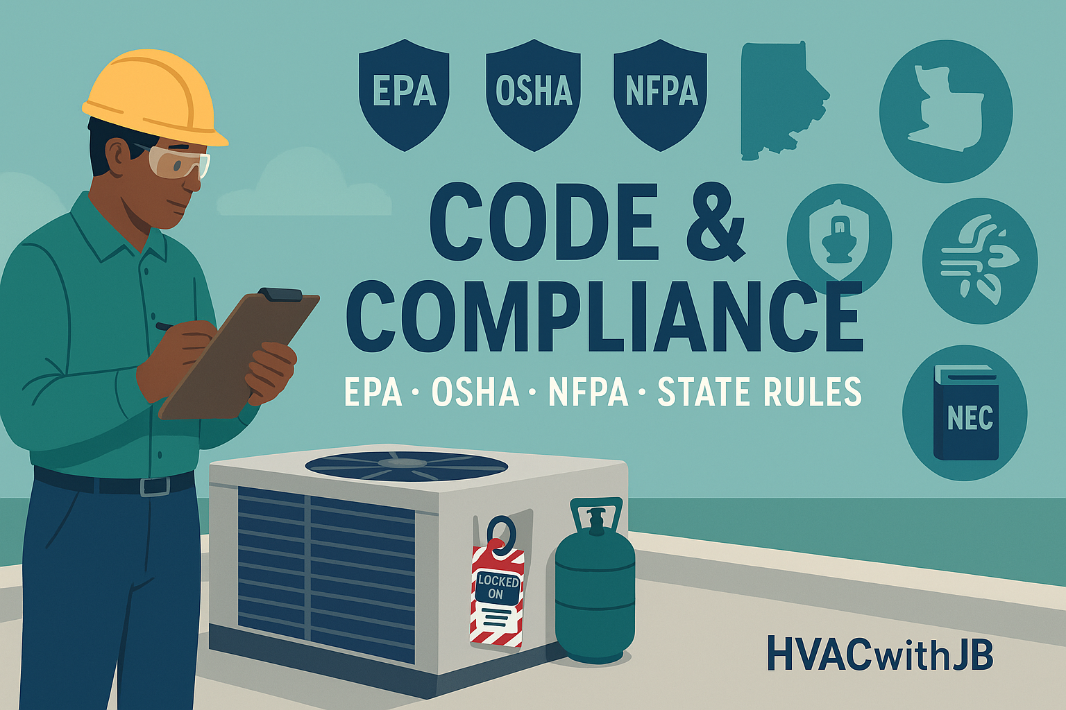 Illustration of a technician inspecting an HVAC unit on a rooftop, with badges for EPA, OSHA, NFPA, and Indiana. Text reads: Code & Compliance: EPA • OSHA • NFPA • State Rules. HVAC symbols and a lockout/tagout sign are visible.