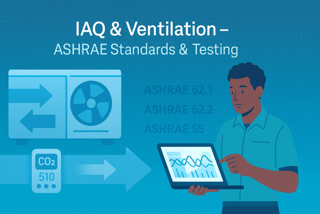 An illustration of a man using a tablet showing charts, with HVAC symbols, a CO2 meter reading 510, and the text: IAQ & Ventilation – ASHRAE Standards & Testing and a list of ASHRAE standards.