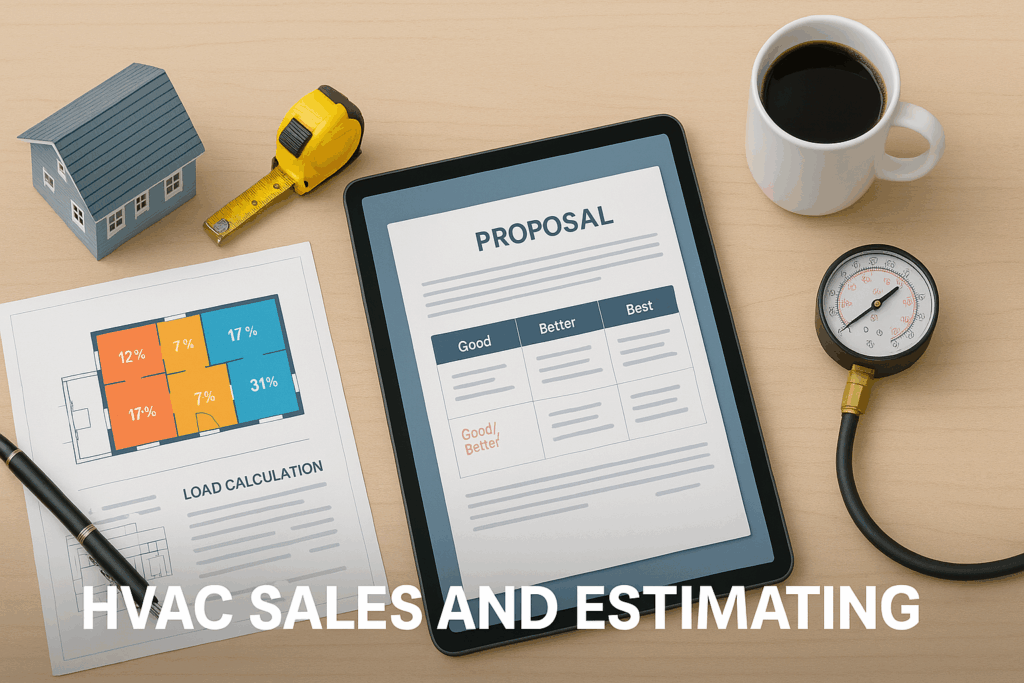 A tablet displaying a proposal, a load calculation sheet with a floor plan, a tape measure, a model house, a cup of coffee, and a pressure gauge on a desk. Text reads: HVAC SALES AND ESTIMATING.