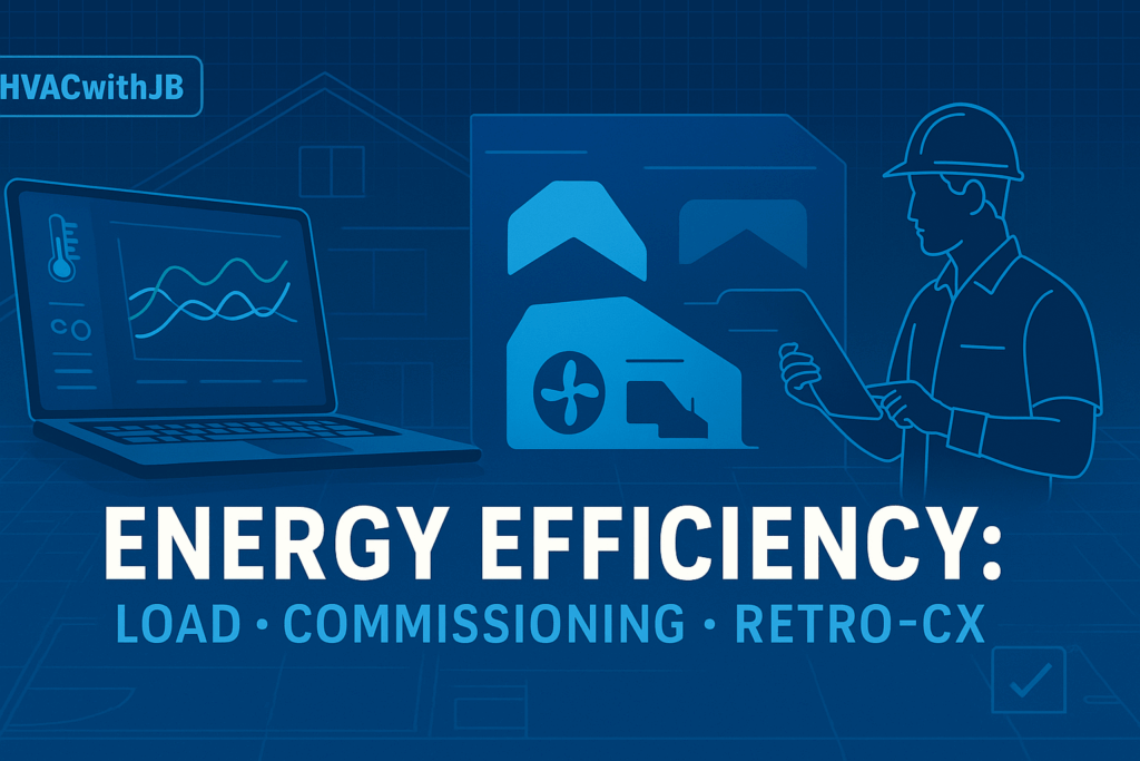 A graphic showing a person in a hard hat holding a tablet, a laptop with data charts, and HVAC system icons. Text reads: ENERGY EFFICIENCY: LOAD · COMMISSIONING · RETRO-CX with #HVACwithJB in the top left corner.