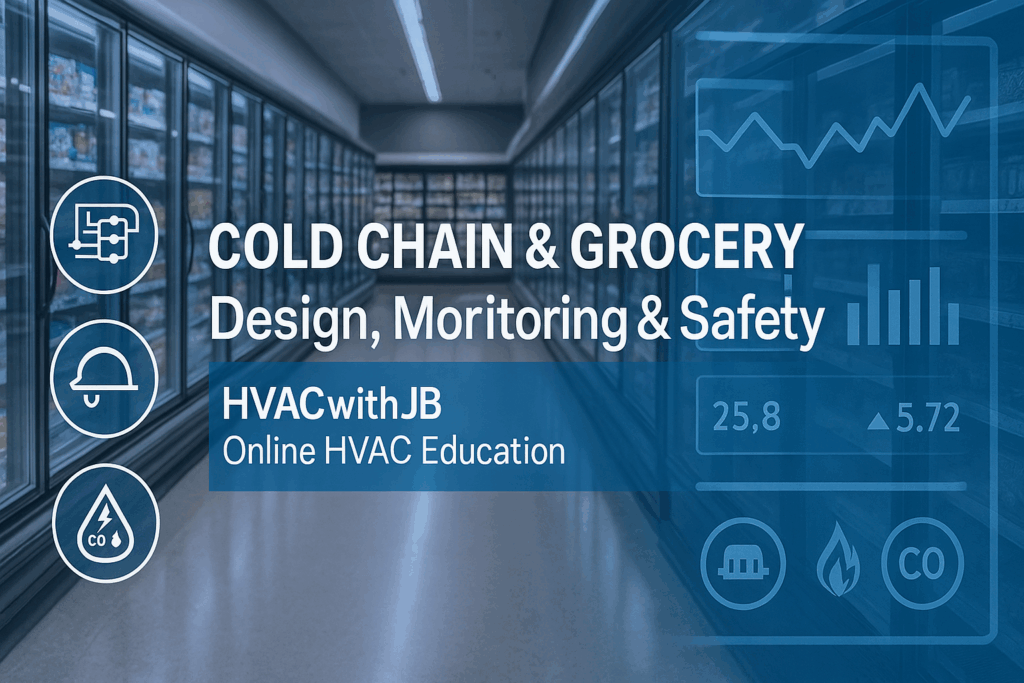 A grocery store aisle with refrigerated shelves; overlay text reads “COLD CHAIN & GROCERY Design, Monitoring & Safety, HVAC with JB, Online HVAC Education,” with HVAC-related icons and graphs.