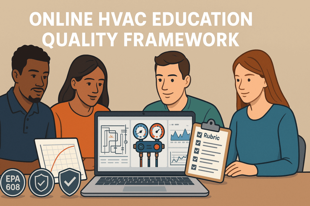 Four people sit around a table with a laptop displaying HVAC diagrams and gauges. A clipboard labeled Rubric and EPA 608 badges are visible. The text above reads Online HVAC Education Quality Framework.